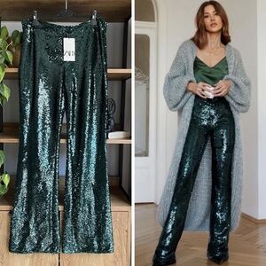 NWT ZARA NEW LIMITED EDITION GREEN SEQUIN HIGH WAIST FLARED SEQUIN PANTS,  M